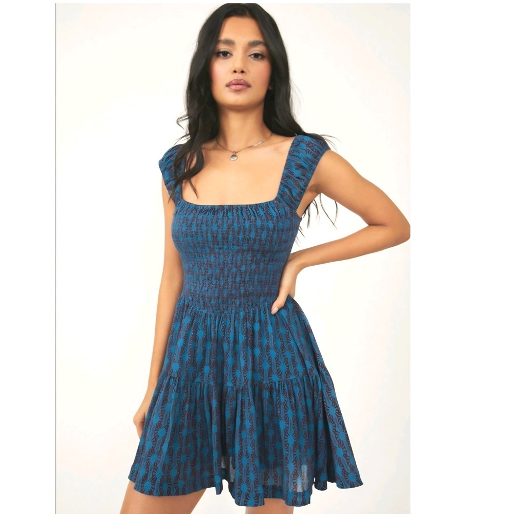 Free People M Mini Dress Sweet Annie Blue Maroon Smocked Tiered Boho Top Tunic